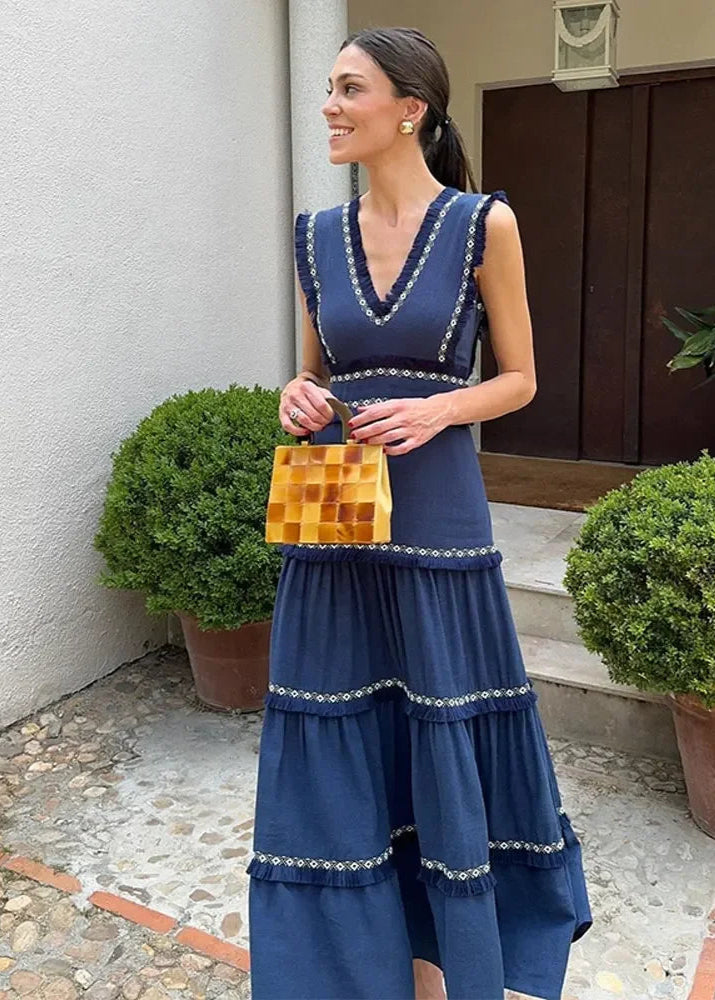 Robe Bohème Jealous Tomato Bleue à Volants - Taille XL, Manches 3/4 Cloche, Doublée