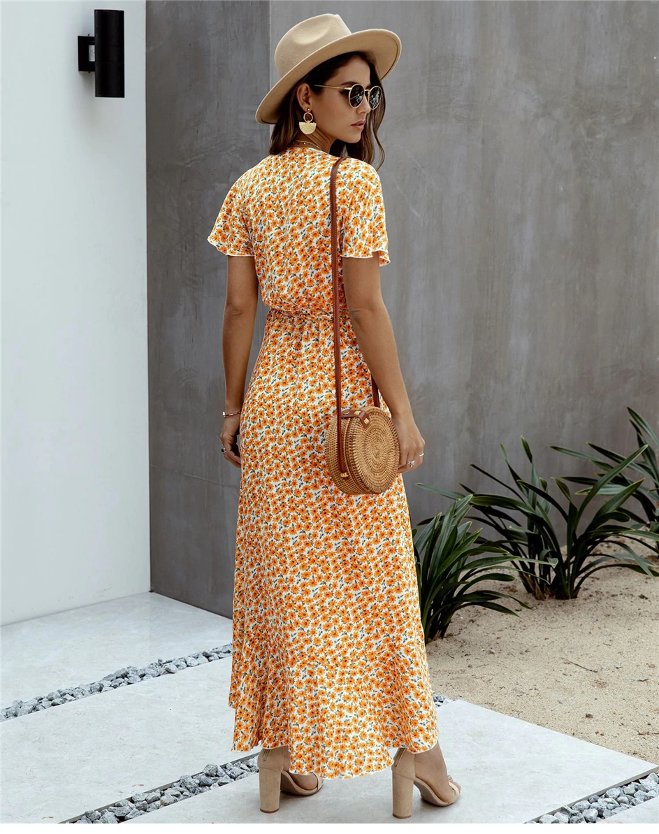 Robe Longue Bohème Maxi Florale Femme - Robe D'Été Manches Longues Col V Avec Volants R.Vivimos