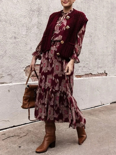 Robe bohème vintage en mousseline à imprimé fleuri rouge