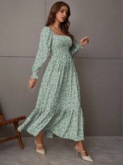 Robe boheme verte pour femme manches longue