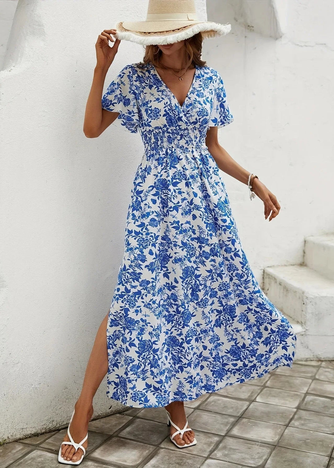Casual Chic Floral Dress Navy Blue S