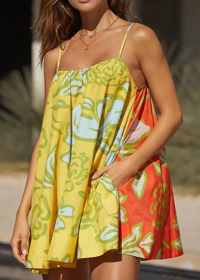 Robe d’été femme à bretelles fines jaune – Style bohème mini