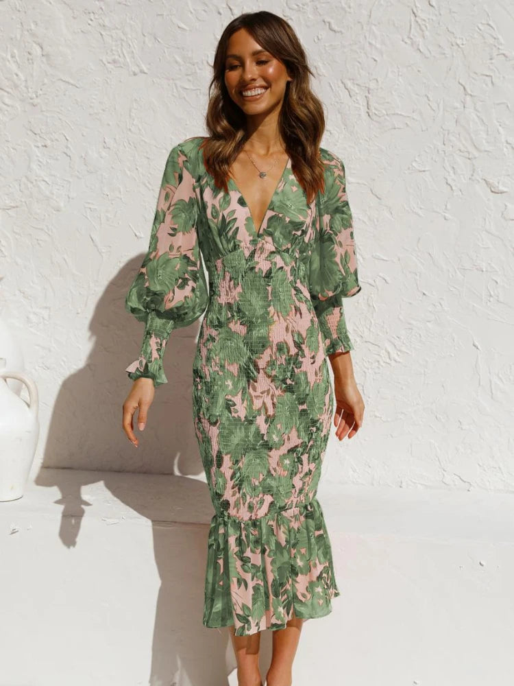 Robe Femme Bohème Vintage - Manches Longues, Col V, Style Western Médiéval