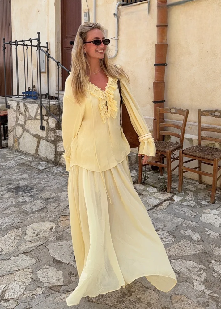 open lace back dress Pastel Yellow Blouse and Long Skirt Set – Bohème Infinity