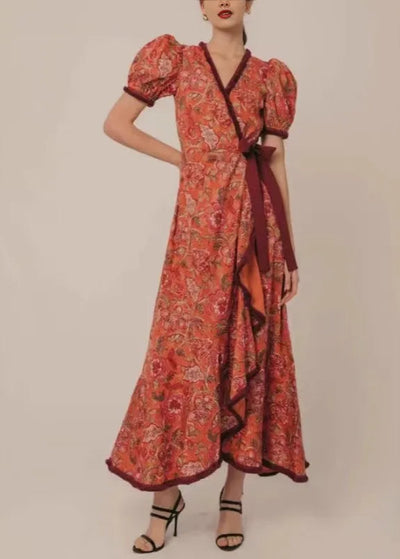 Robe Longue Rétro à Imprimé Fleuri avec Lacets et Col en V