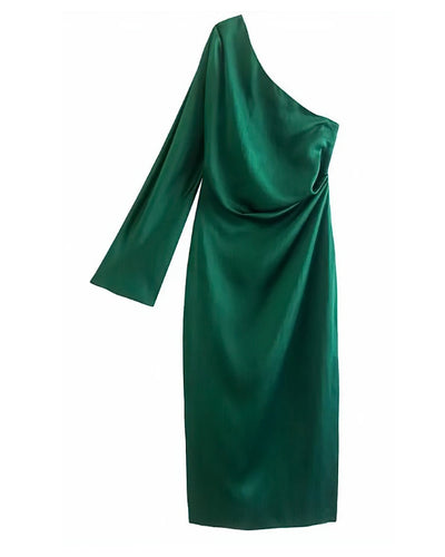 Robe drapée asymétrique satin vert