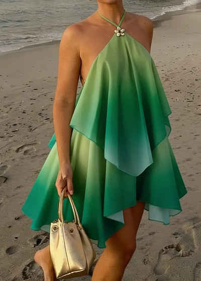 Women Ruffles Halter Neck Mini Dress Summer Mock Neck Open Back Tiered   Bohme Infinity