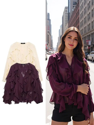 Blouse femme transparente à volants avec col V chic – vue complète