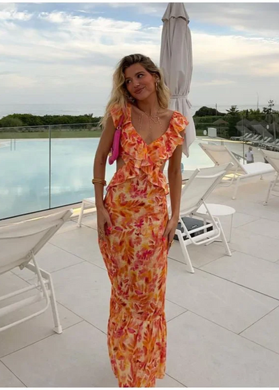 Vestido largo bohemio flores naranja – Bohème Infinity