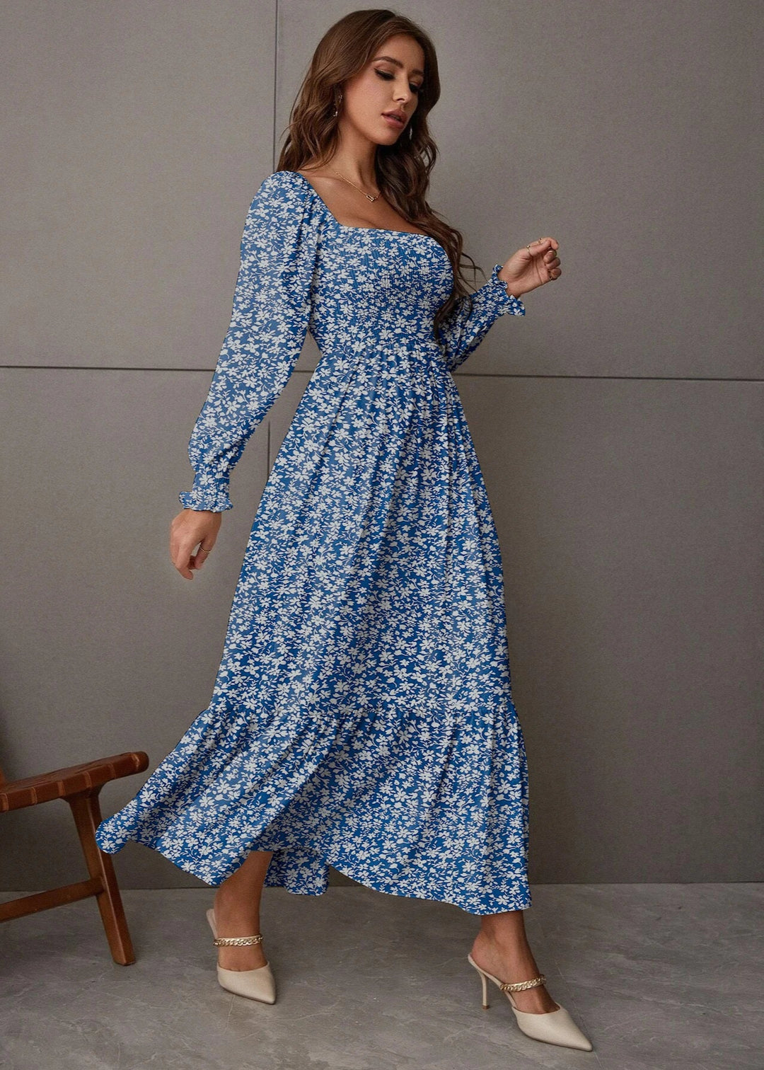 Blue Bohemian Dress for Women with Long Sleeves Green / M