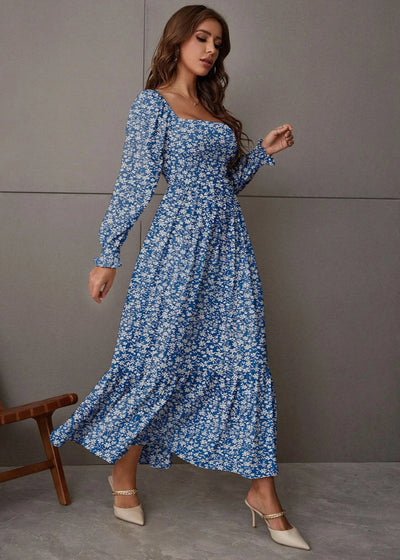 Robe boheme Bleue pour femme manches longue