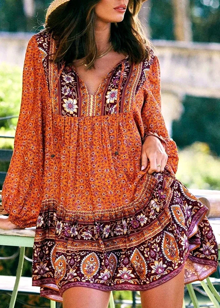 Long Sleeve Terracotta Hippie Dress Orange / M Long Sleeve Terracotta Hippie Dress Orange / M