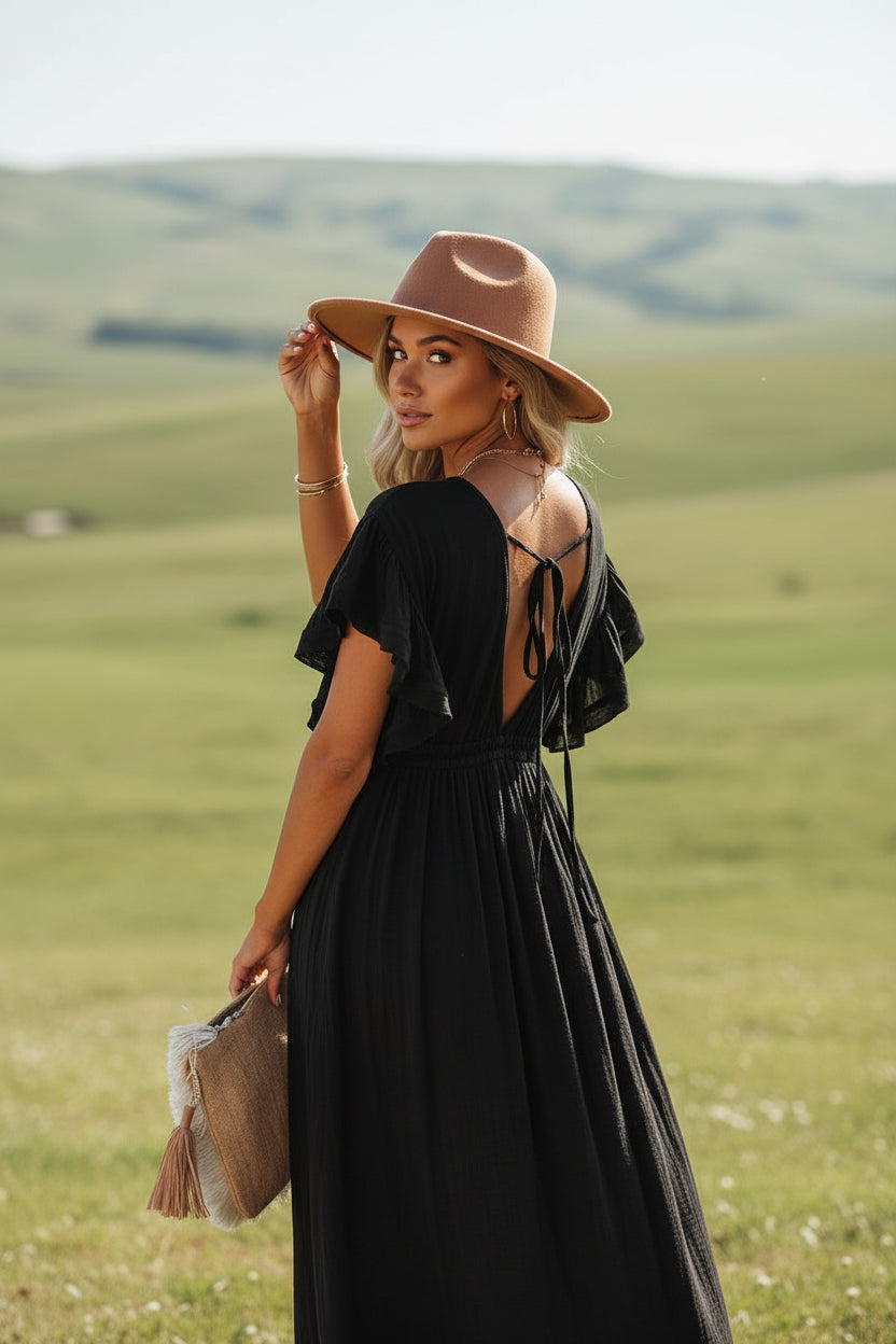 long black bohemian dress Chic cap sleeve midi dress Fortunate One | Cross sunset beach strolls color:Burgundy Print
