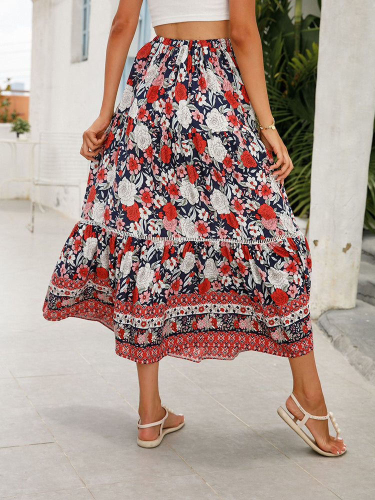 Jupe longue satinée bleu roi imprimé floral - Mode Grande Taille