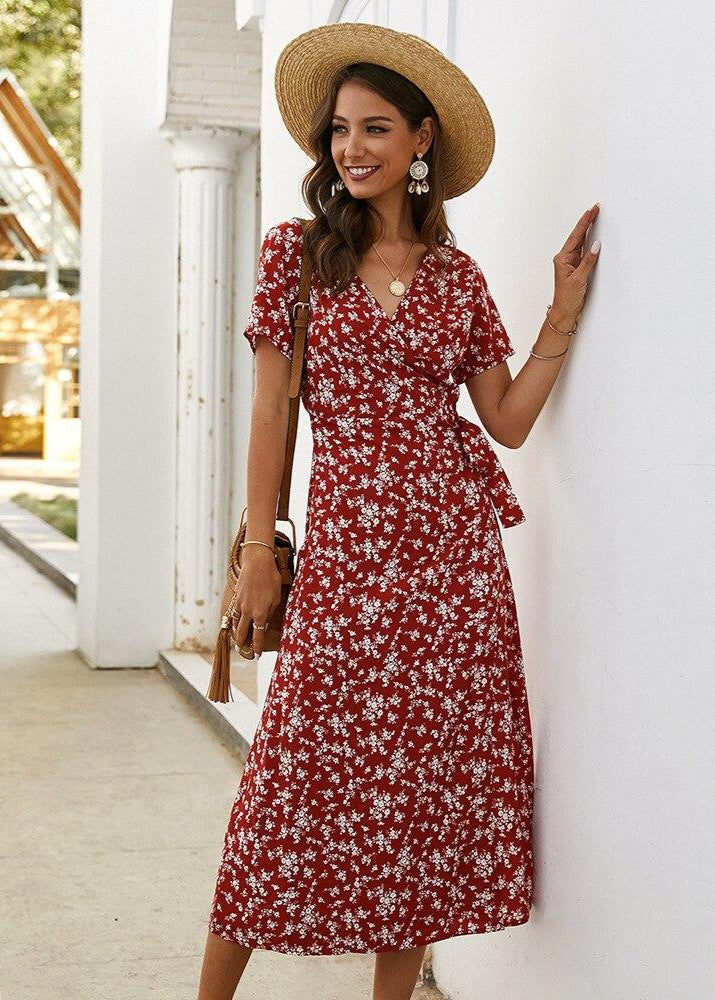 Evas Robe Longue A Fleur Rouge Robe Rouge Petites Fleurs Blanches