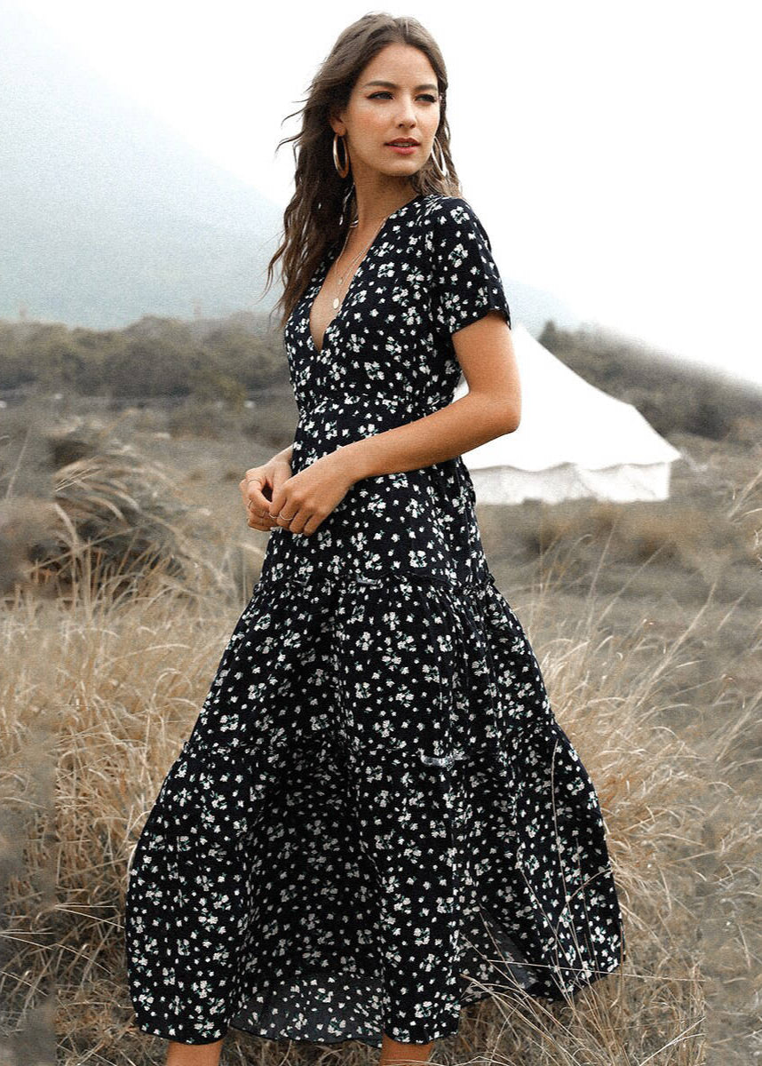 Robe Bohème Robe Longue Noire A Fleurs Robe Bohème Noir Vintage